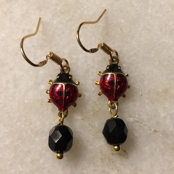 jewelerdesigns Jewelry - Ladybug Enameled with Black Crystal Earrings